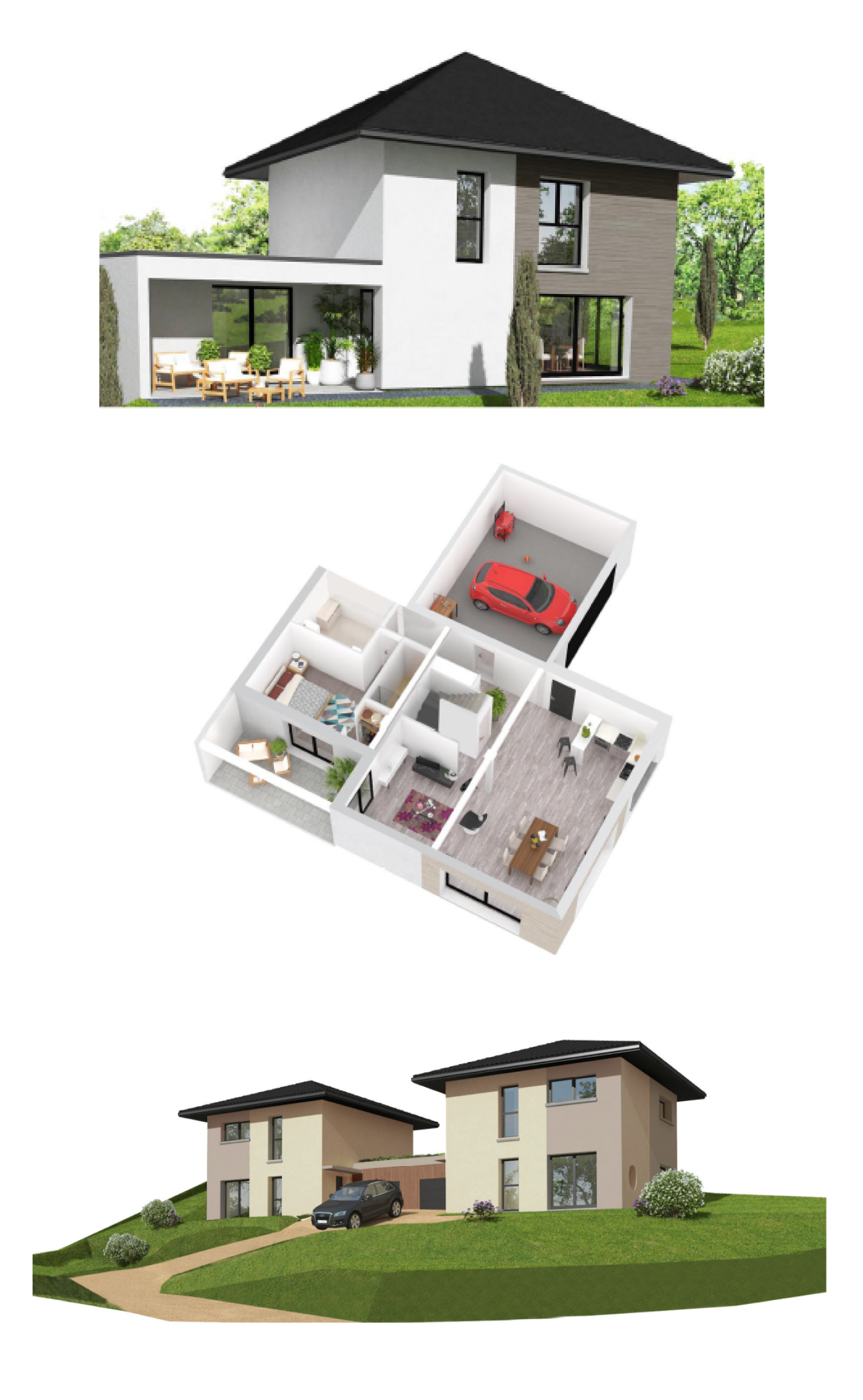 3 plan D extérieur et intérieur, mise en situation d'une maison neuve réalisé par dessinateur projeteur en bâtiment
